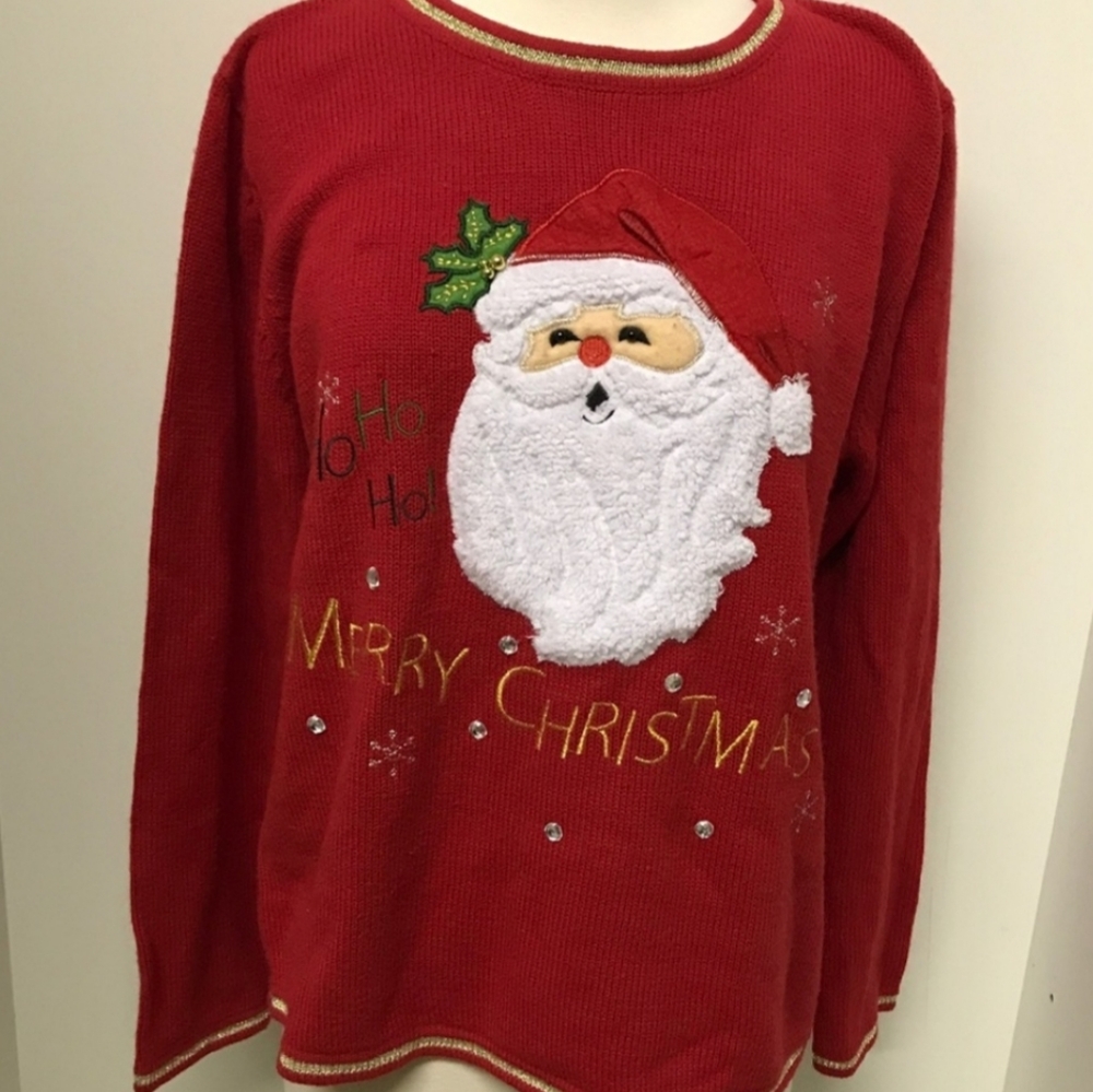 Vintage White Stag Christmas Sweater Women's XL 16-18 Santa Claus Applique Red